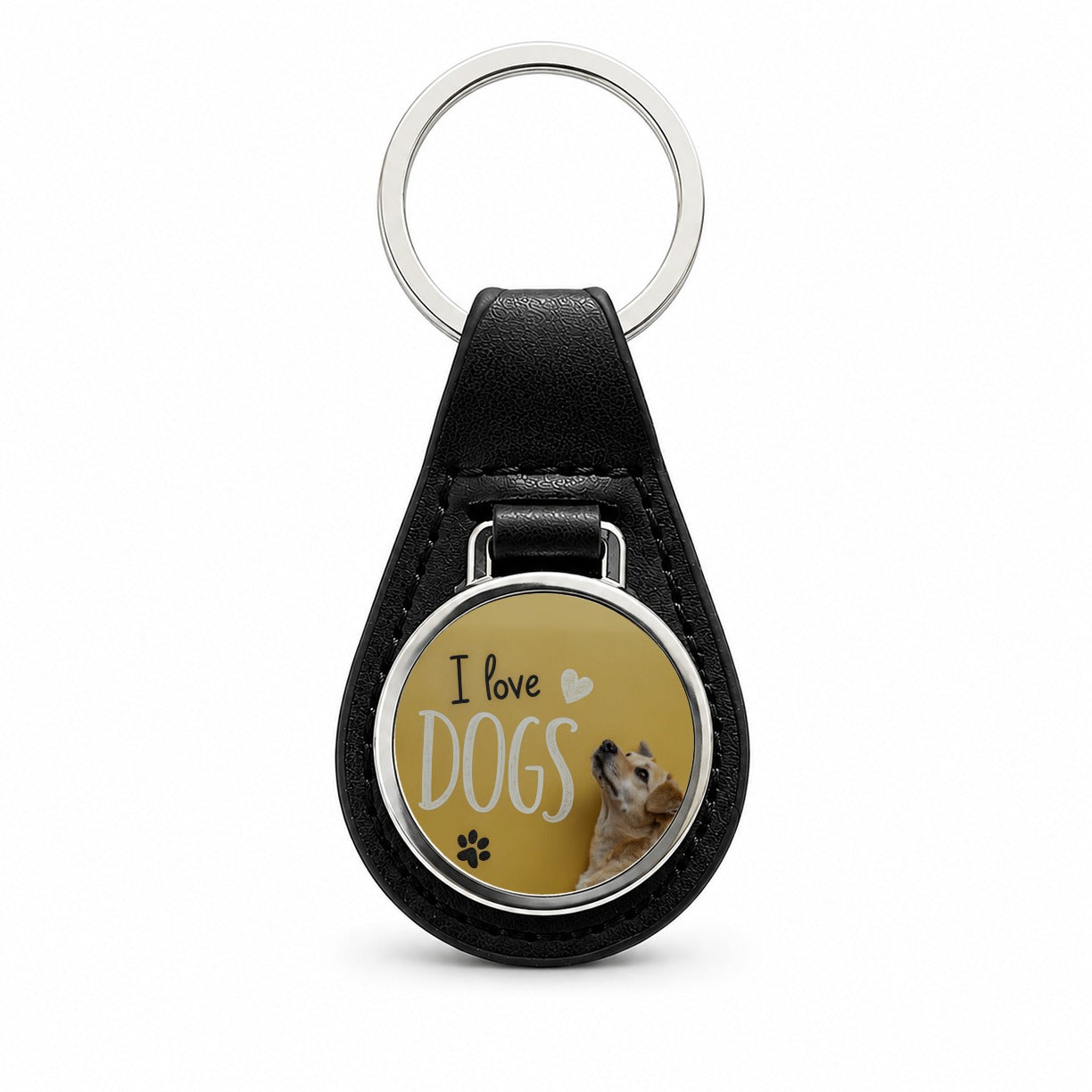 I Love Dogs Paw Prints Black Leather Metal Keychain
