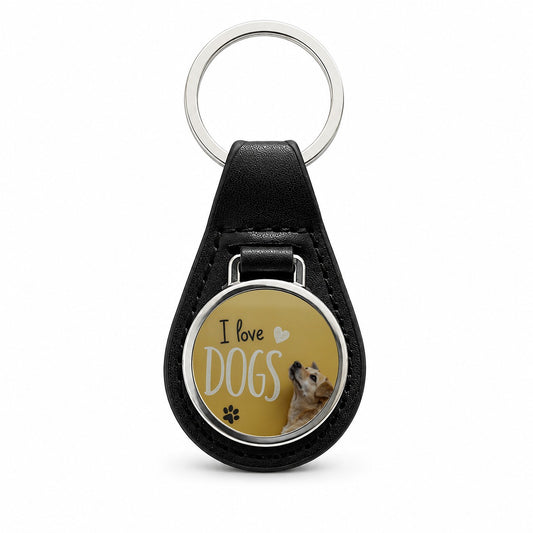I Love Dogs Paw Prints Black Leather Metal Keychain