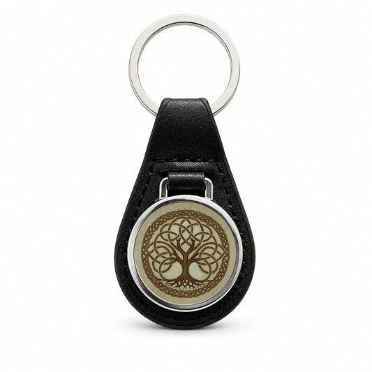 Irish Celtic Knot Heritage Tree of Life Black Leather Metal Keychain