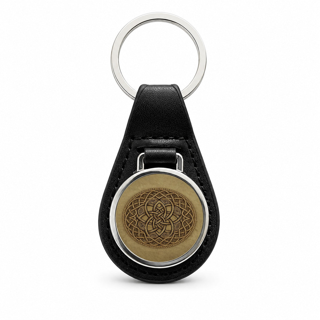 Irish Celtic Knot Mandala Black Leather Metal Keychain