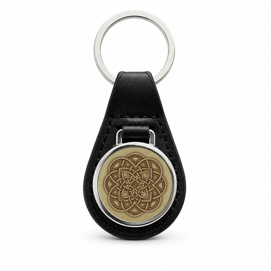 Irish Celtic Mandala Black Leather Metal Keychain