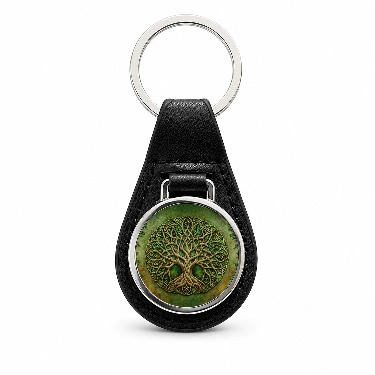 Irish Celtic Tree of Life Emblem Black Leather Metal Keychain