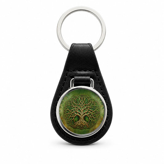 Irish Celtic Tree of Life Emblem Black Leather Metal Keychain