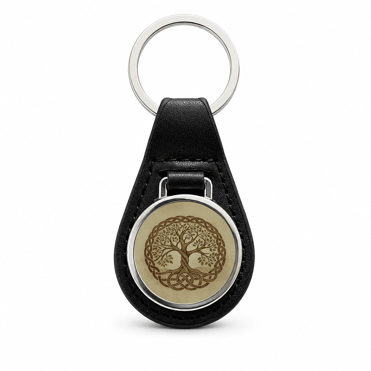 Irish Celtic Tree of Life Black Leather Metal Keychain