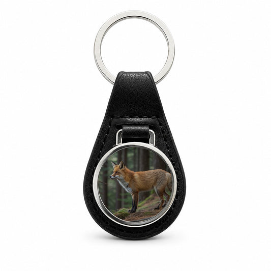 Japanese Fox Forest Black Leather Metal Keychain