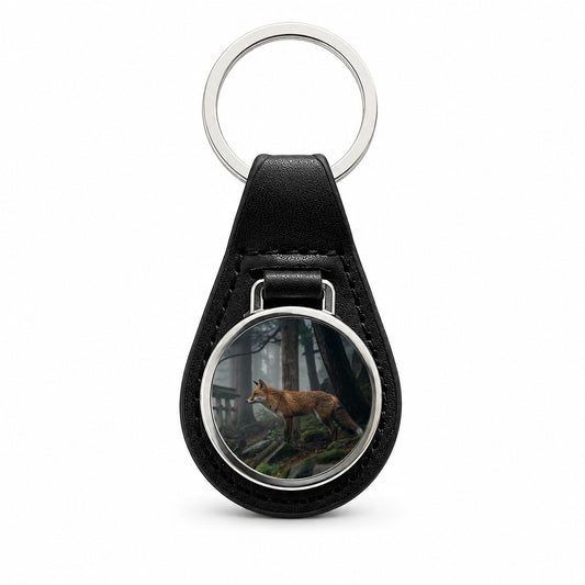 Japanese Fox Woodland Black Leather Metal Keychain