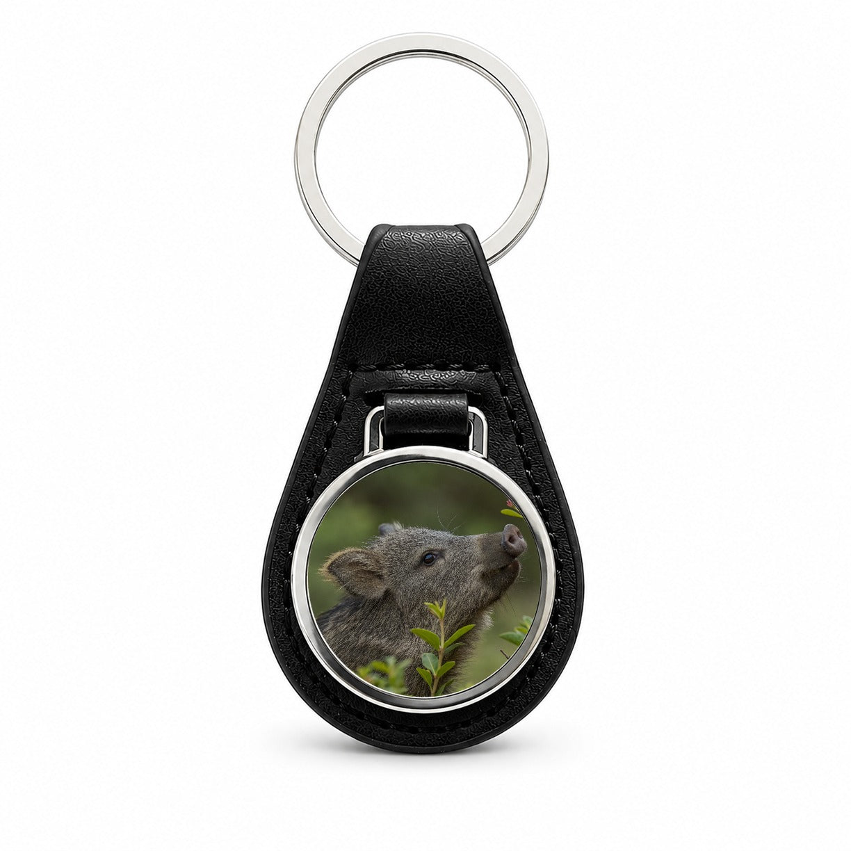 Javelina Woodland Black Leather Metal Keychain