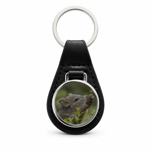 Javelina Woodland Black Leather Metal Keychain