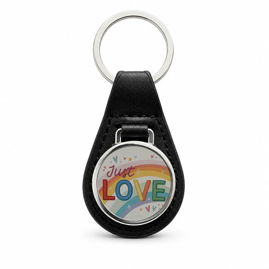 Just Love Rainbow Pride Black Leather Metal Keychain