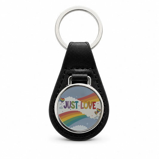 Just Love Rainbows Balloons Pride Black Leather Metal Keychain