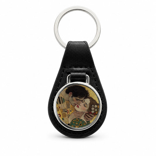 Klimt The Kiss Inspired Black Leather Metal Keychain