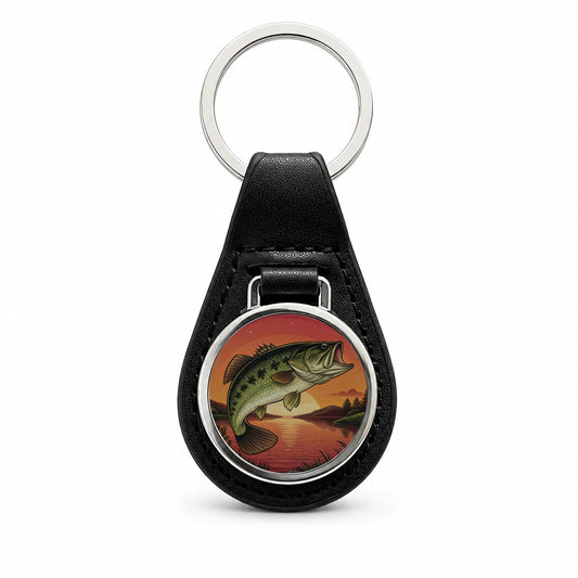 Largemouth Bass Trophy Fishing Sunset Black Leather Metal Keychain