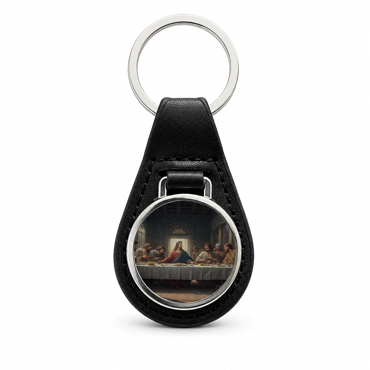 Last Supper Da Vinci Inspired Black Leather Metal Keychain