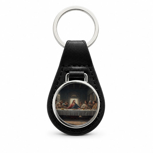 Last Supper Da Vinci Inspired Black Leather Metal Keychain