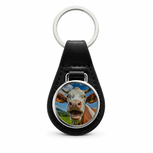 Laughing Cow Farm Black Leather Metal Keychain