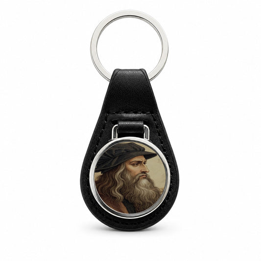 Leonardo da Vinci Inventor Black Leather Metal Keychain