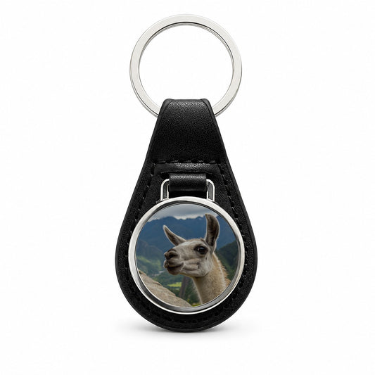 Llama Highlands Black Leather Metal Keychain