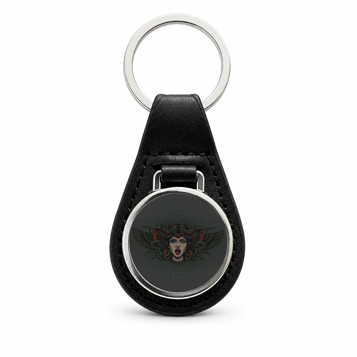 Medusa Gorgon Snake Tattoo Style Black Leather Metal Keychain