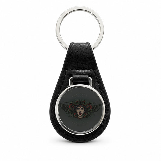 Medusa Gorgon Snake Tattoo Style Black Leather Metal Keychain