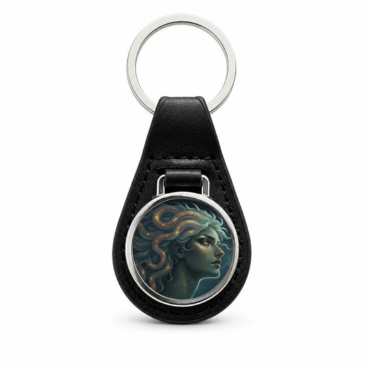 Medusa Greek Mythology Black Leather Metal Keychain