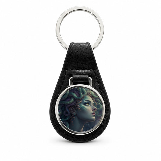 Medusa Moon Goddess Black Leather Metal Keychain