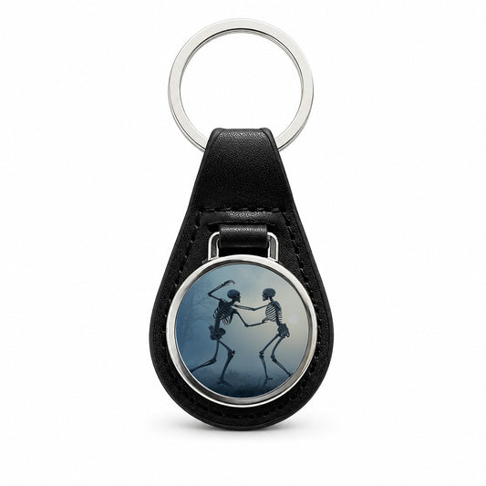 Misty Dancing Skeleton Couple Black Leather Metal Keychain