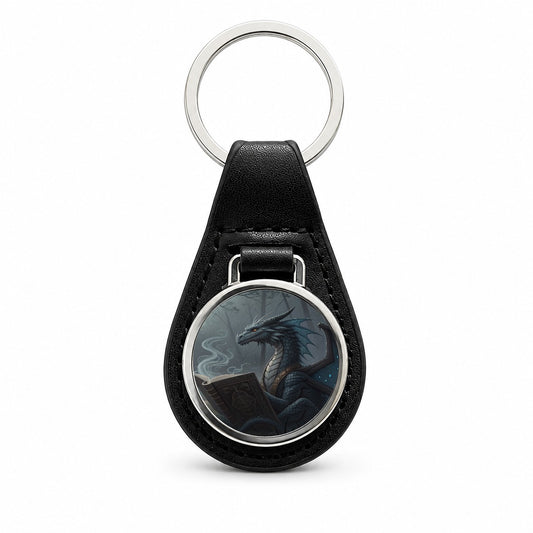Misty Dragon Reading Book Black Leather Metal Keychain