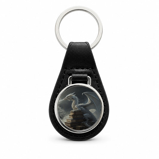 Misty Dragon Sitting On Books Black Leather Metal Keychain