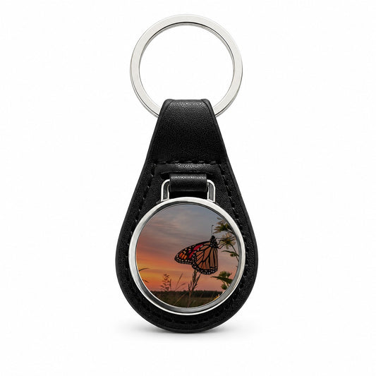 Monarch Butterfly At Sunset Black Leather Metal Keychain