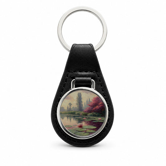 Monet Inspired Water Lilies Black Leather Metal Keychain