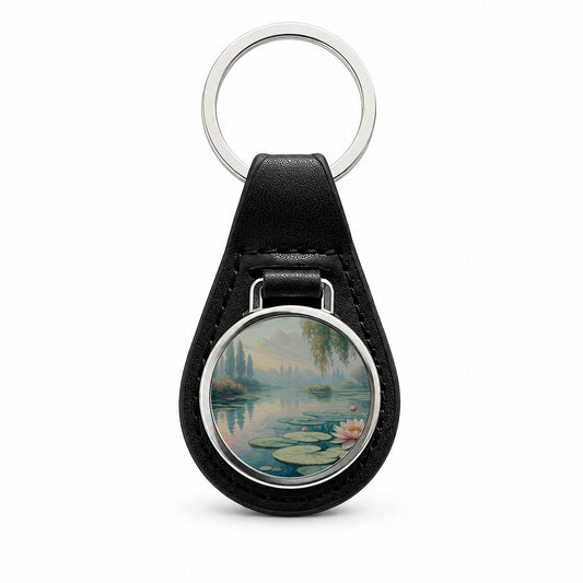 Monet Style Water Lilies Black Leather Metal Keychain