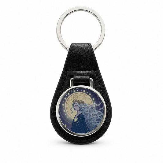 Moon Goddess Cosmic Tarot Black Leather Metal Keychain