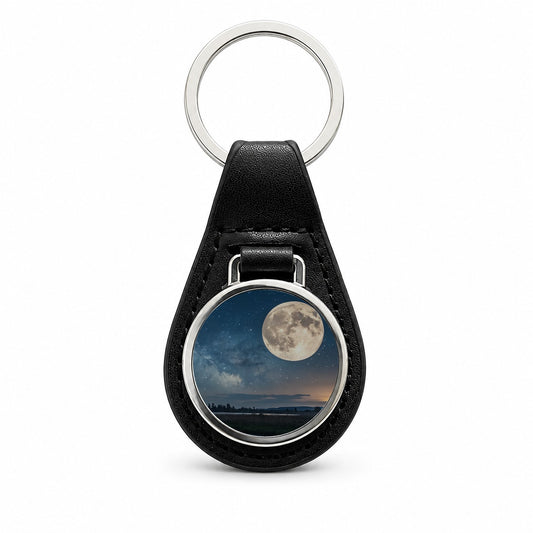 Moonlit River Night Landscape Black Leather Metal Keychain