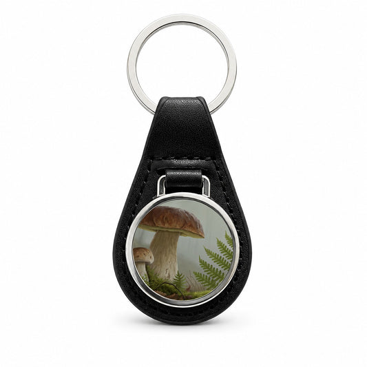 Mushroom Fern Botanical Art Black Leather Metal Keychain