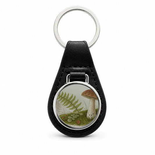 Mushroom Fern Nature Illustration Black Leather Metal Keychain