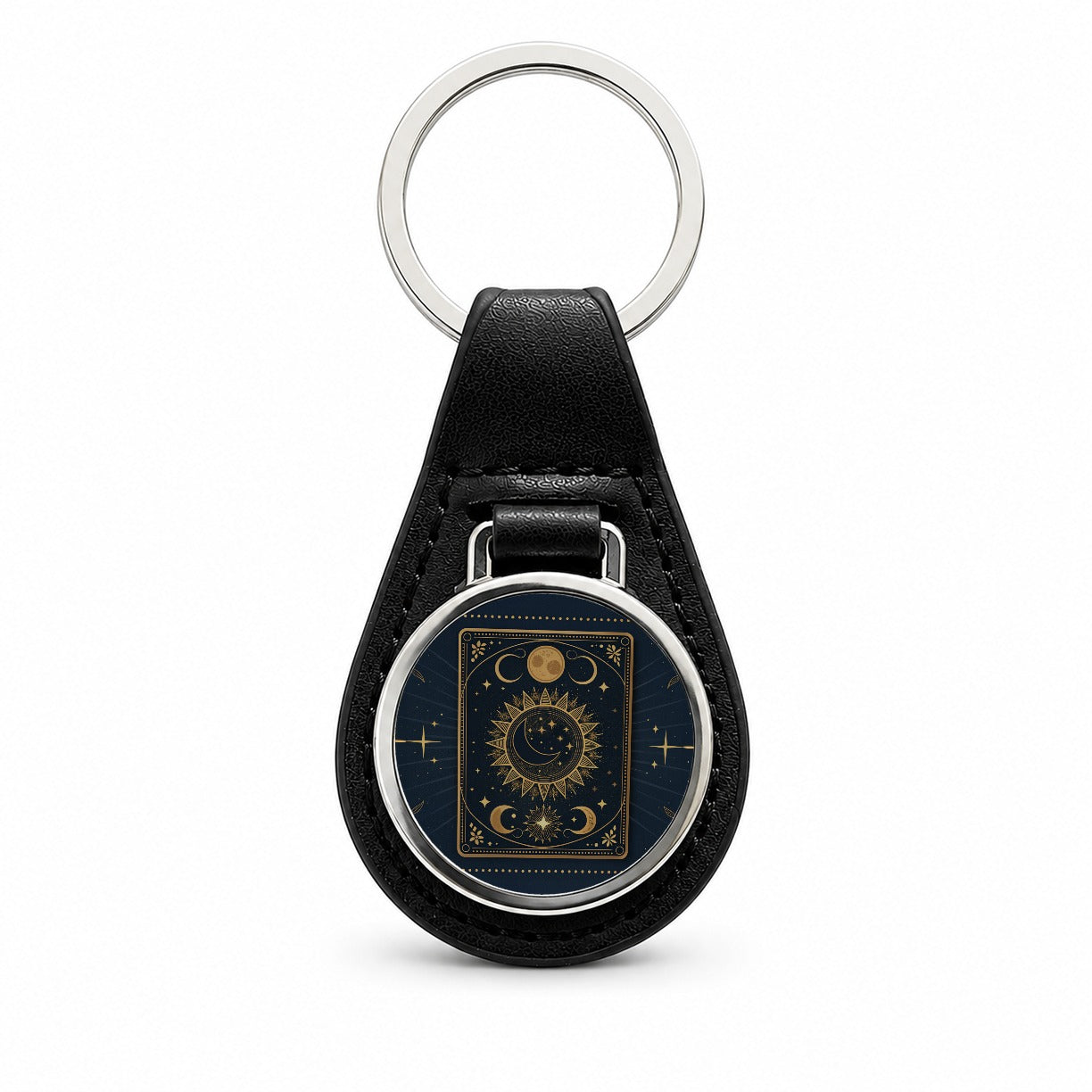 Mystical Divination Tarot Card Black Leather Metal Keychain