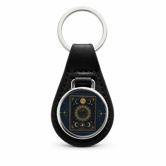 Mystical Divination Tarot Card Black Leather Metal Keychain