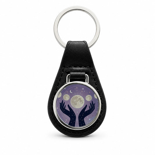 Mystical Moon Phases Black Leather Metal Keychain