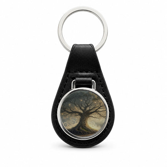 Mystical Tree Of Life Black Leather Metal Keychain