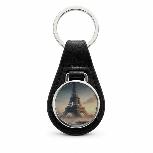 Paris France Eiffel Tower Mist Black Leather Metal Keychain