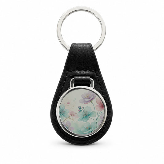 Pastel Flowers Botanical Art Black Leather Metal Keychain