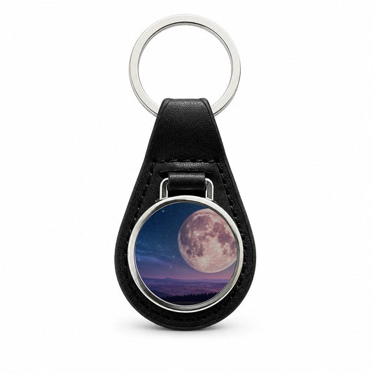Pastel Moon At Night Black Leather Metal Keychain