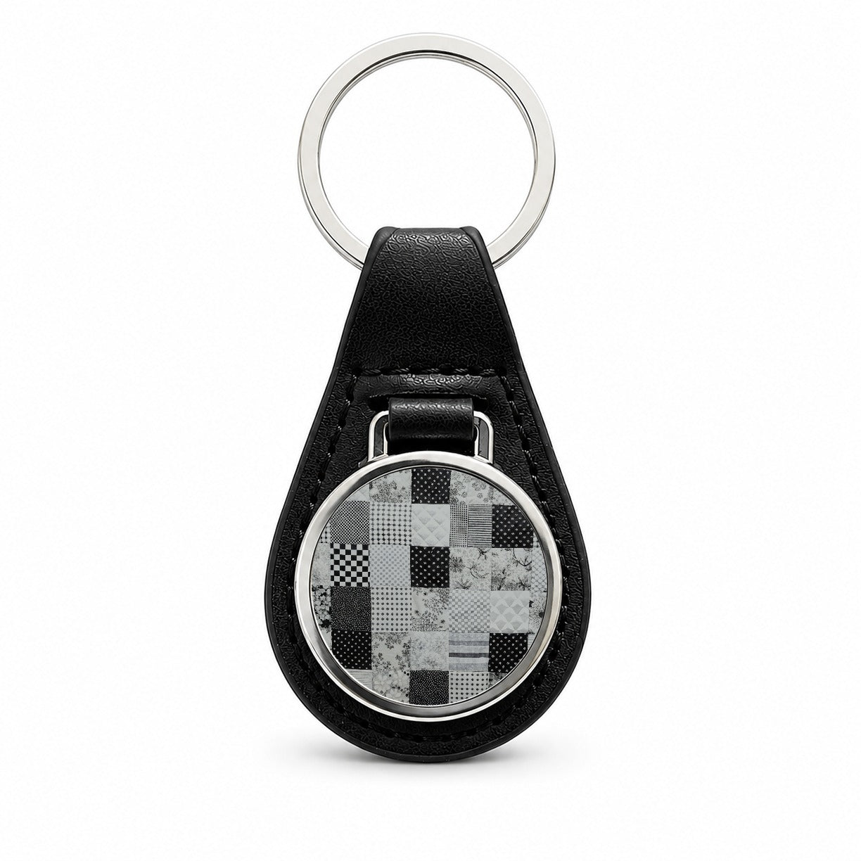 Patchwork Quilt Black White Black Leather Metal Keychain
