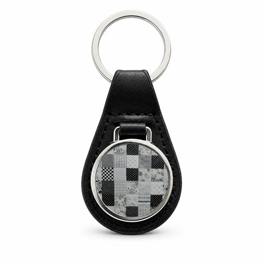 Patchwork Quilt Black White Black Leather Metal Keychain