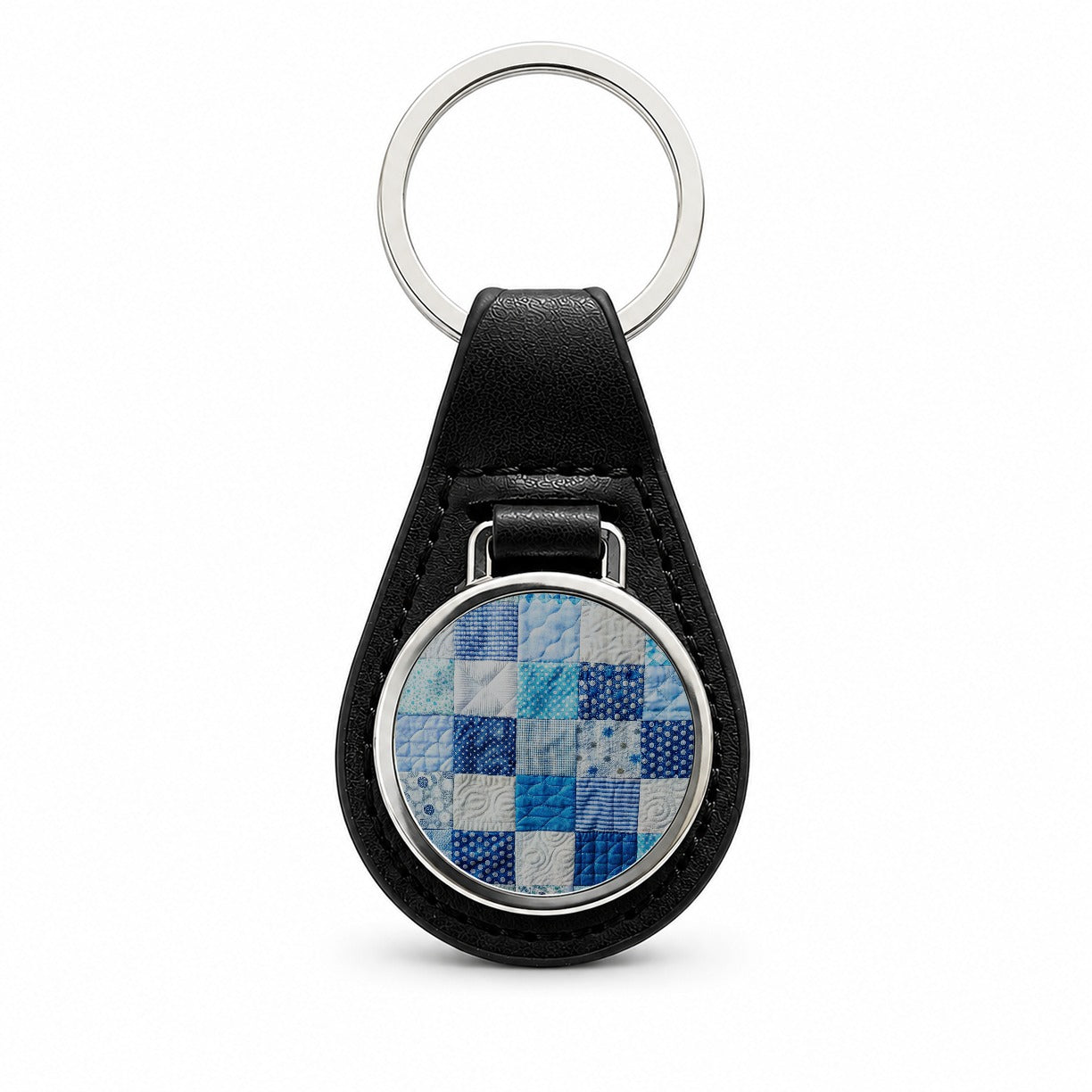 Patchwork Quilt Blue Black Leather Metal Keychain