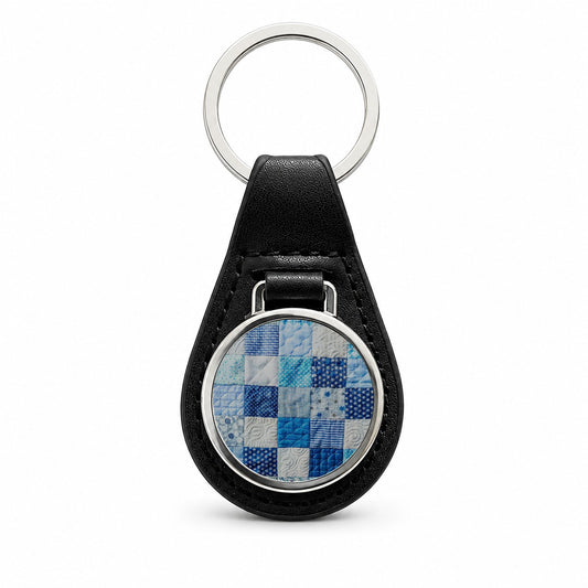 Patchwork Quilt Blue Black Leather Metal Keychain