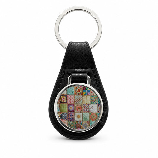 Patchwork Quilt Bohemian Black Leather Metal Keychain