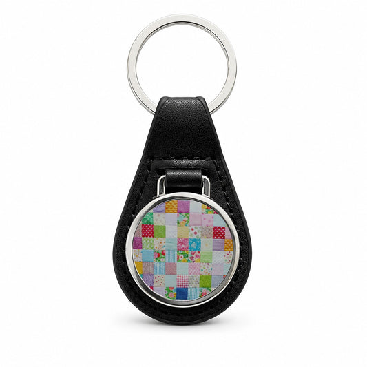 Patchwork Quilt Colorful Black Leather Metal Keychain