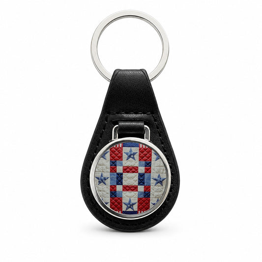 Patchwork Quilt Patriotic Black Leather Metal Keychain