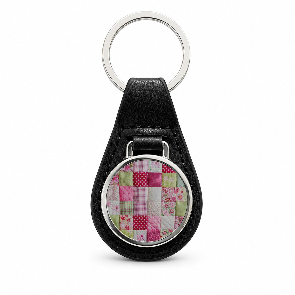 Patchwork Quilt Pink Black Leather Metal Keychain